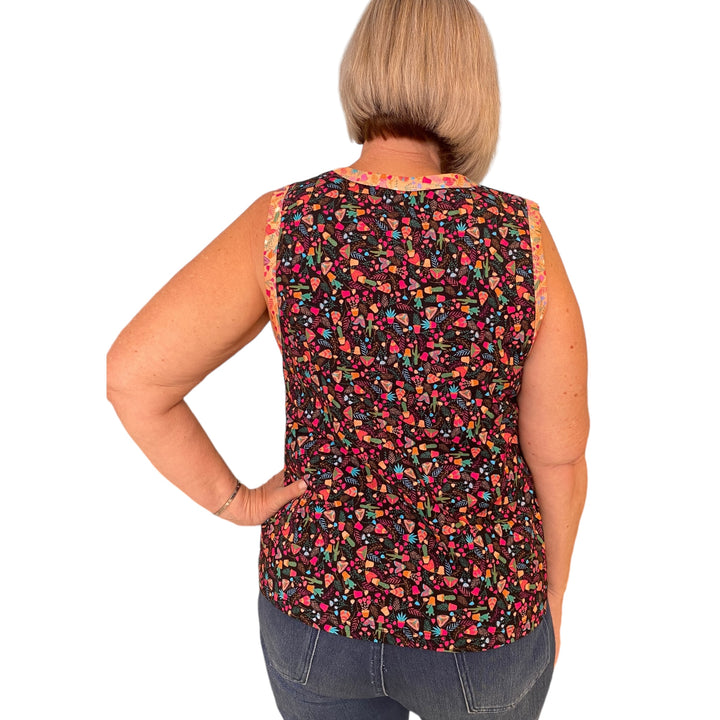 Luckies Repurposed Singlet - Black Butterfly Garden